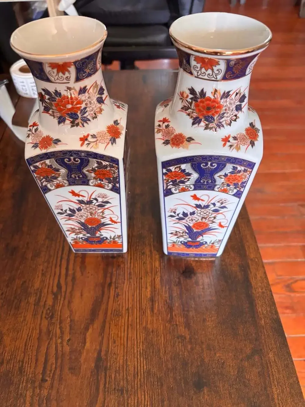 Vintage Japanese Imari Ware Porcelain Square Base Floral Vases, Set of 2